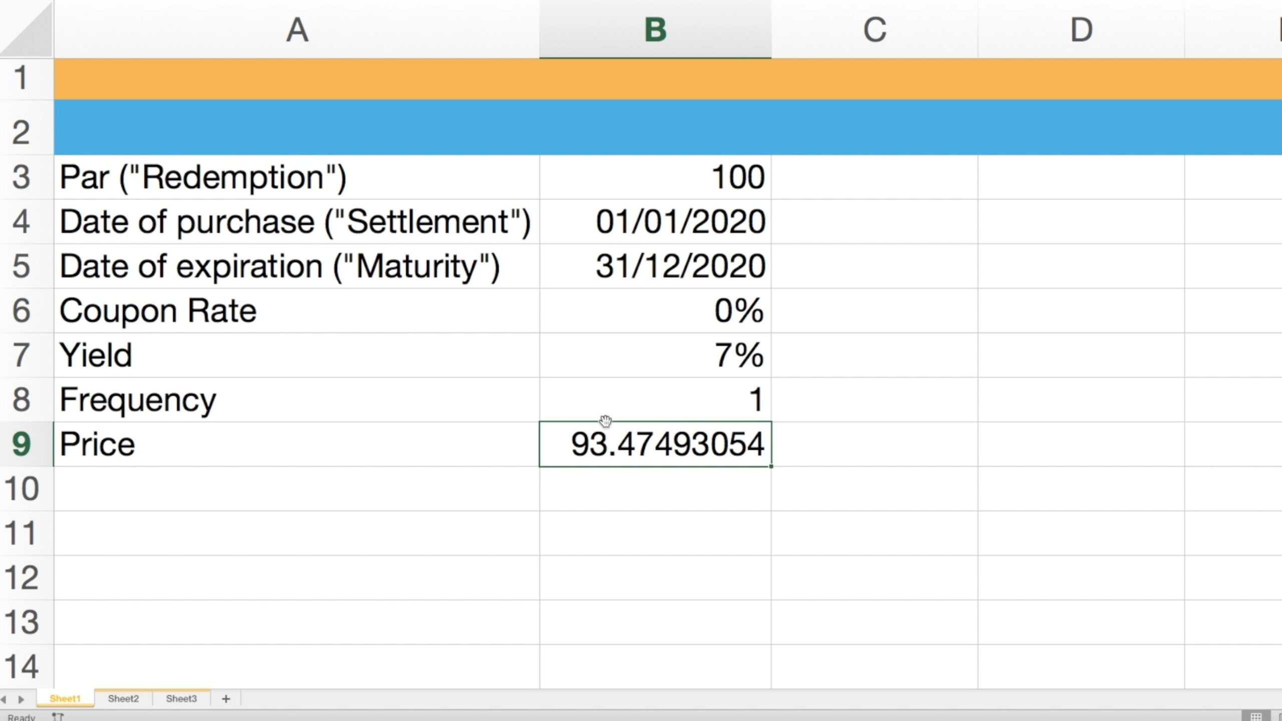Screenshot showcasing the estimate for the zero coupon bond using Excel